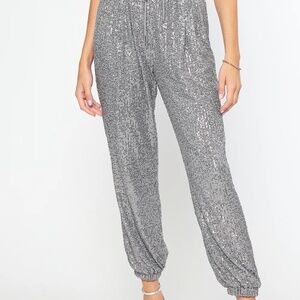 Ecru Sequin Party Pants Ankle Slit Elastic Waist Silver Gray Jogger Lined Size S